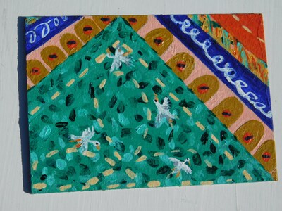 Green Wild Goose Chase - Aceo from a quilt design with flying geese on it 2.5x3.5 acrylic paint on Arches Art Board by Julie Miscera - image1